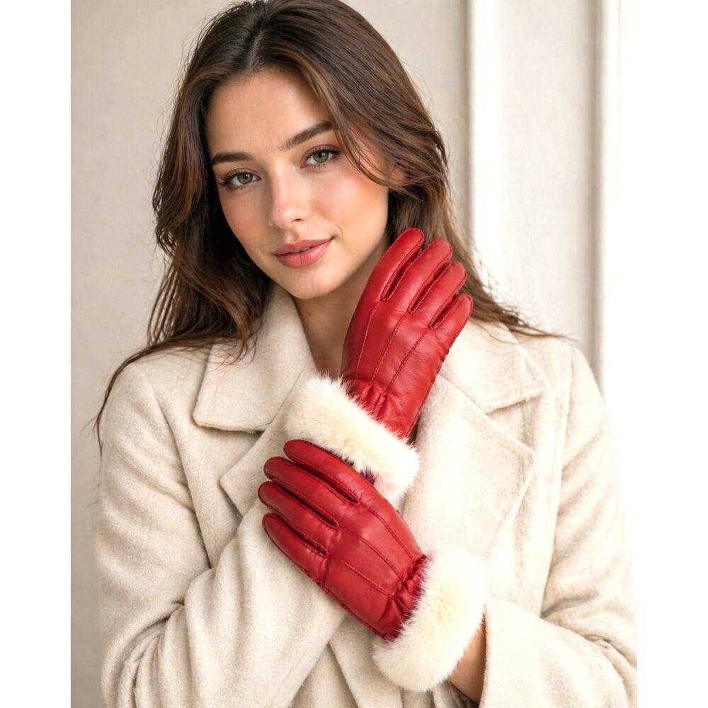 Grandoe Red Leather Gloves Rabbit Fur Lined Women’s XS Small Winter Warm